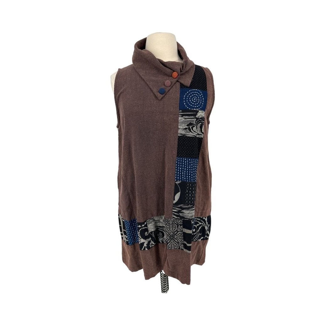 Rin Rang Women's Sleeveless Tunic Dress Patchwork Cowl Neck 100% Cotton Brown &